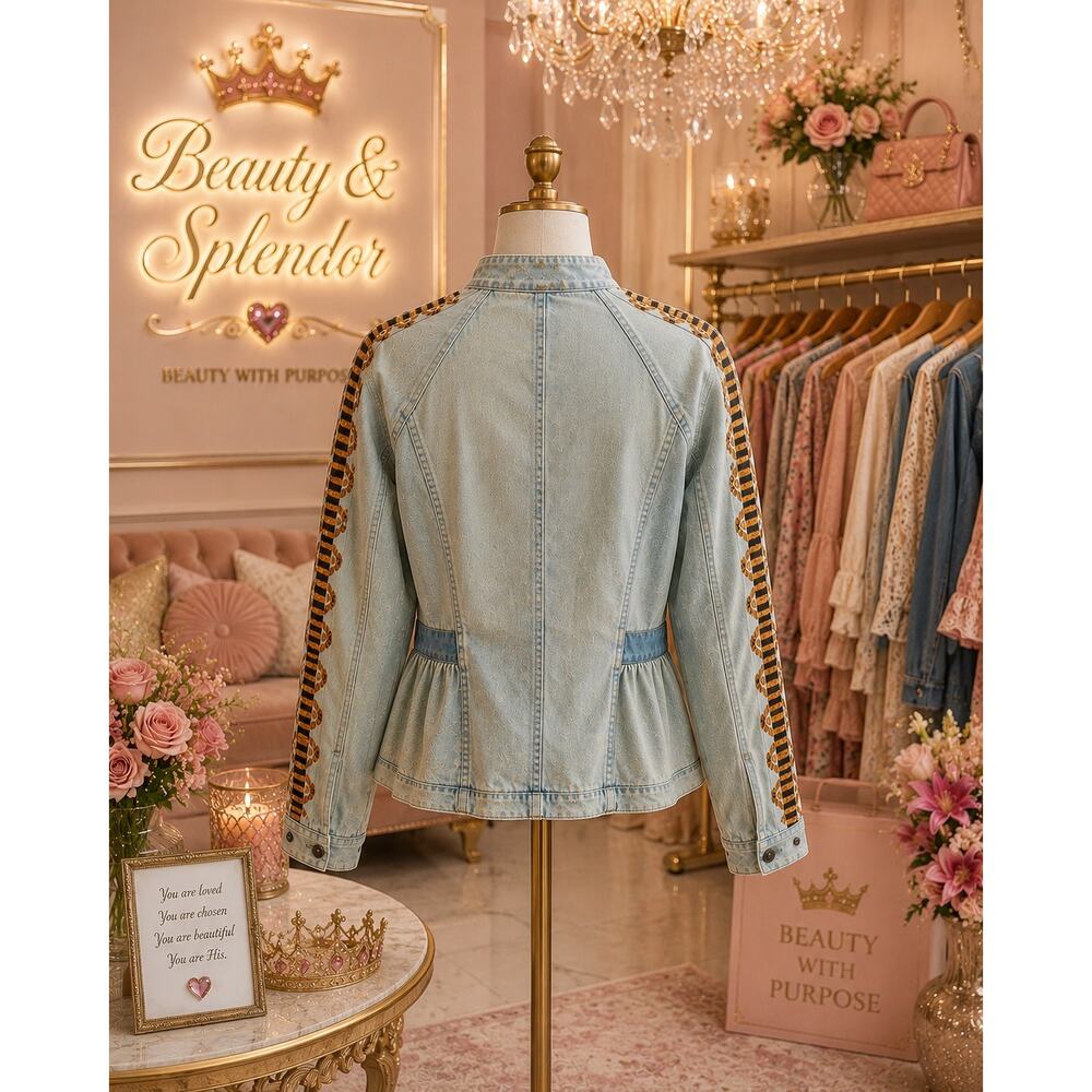 Free People Women’s Denim Jacket XS Peplum Printed Trim Button Front Boho Blue - Picture 4 of 5